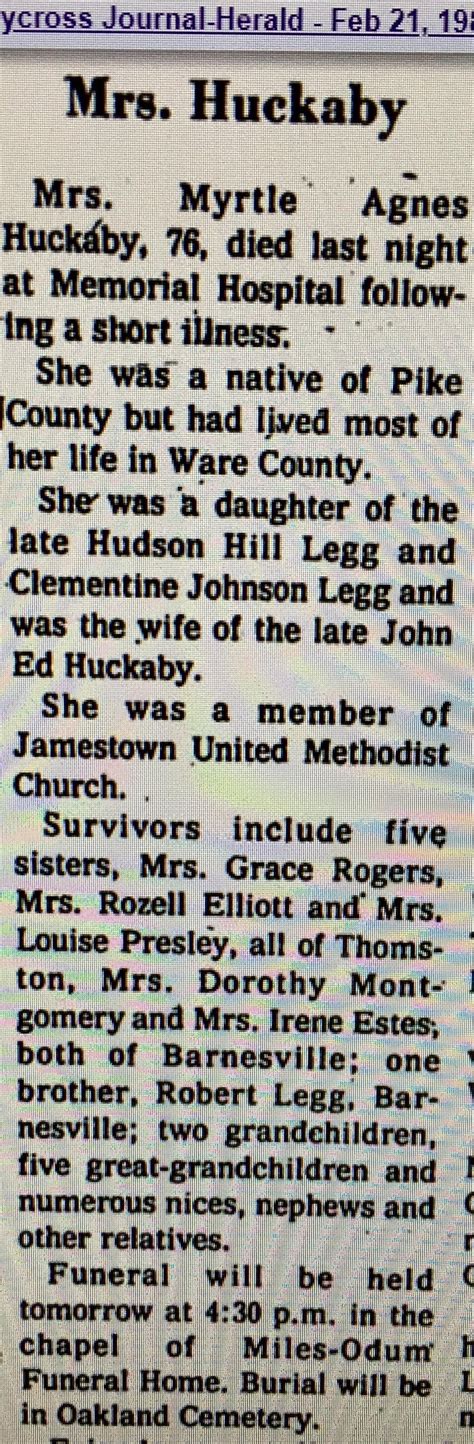 Myrtle Agnes Legg Huckaby M Morial Find A Grave