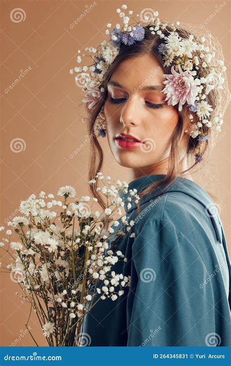 Beauty Makeup And Woman With Flower Crown And Skincare In Studio