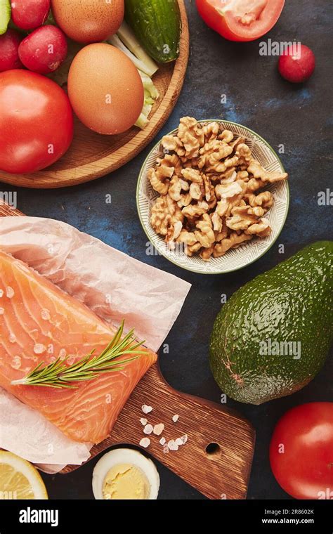 Menu For Low Carb Fodmap Diet Food Natural Proteins Vegetables Fruits Smoked Salmon Greens