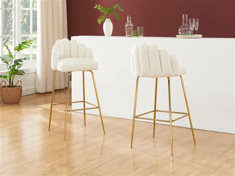 Lot de 2 tabourets de bar en tissu bouclette et métal doré Crème