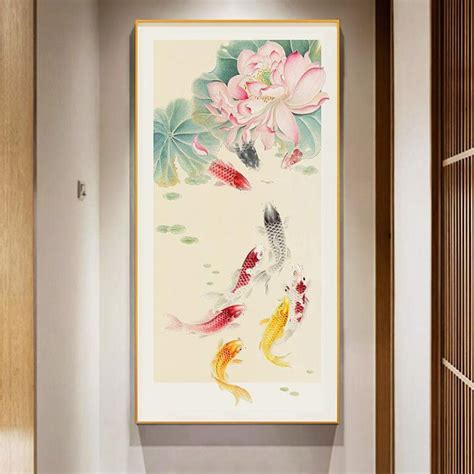 Tranh canvas treo tường hoa sen cá chép cửu ngư 50 x 100 cm Shopee