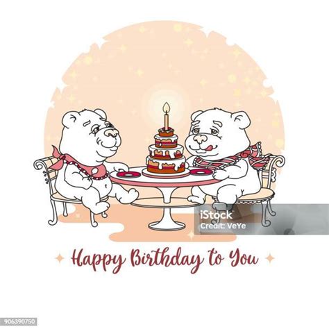 Happy Birthday Card Zwei Niedliche Tragen Kuchen Essen Stock Vektor Art