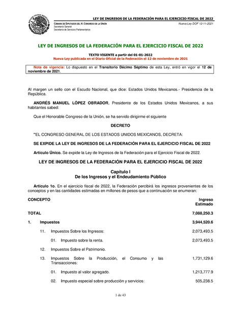 Ley De Ingresos EF2022 2022 CMARA DE DIPUTADOS DEL H CONGRESO DE