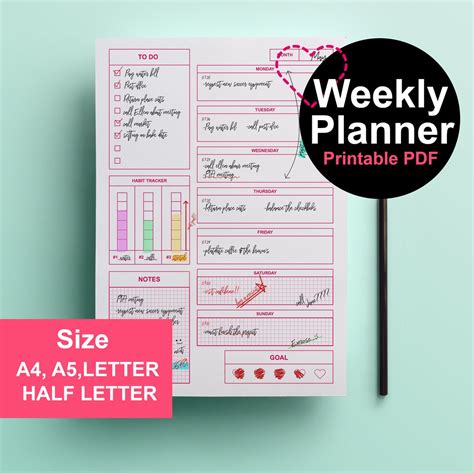 Weekly Planner Printable PDF/ Diary Calendar Page One Week Organiser ...