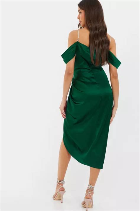 Green Satin Ruched Cold Shoulder Midi Dress Quiz Clothing