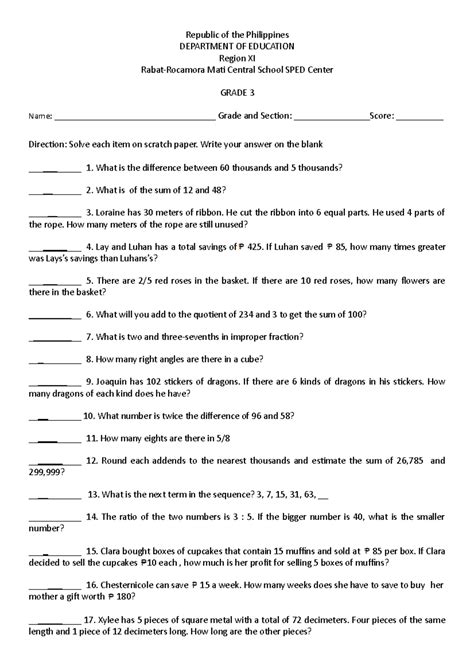 Grade 6 Math Quiz Bee Questions And Answers