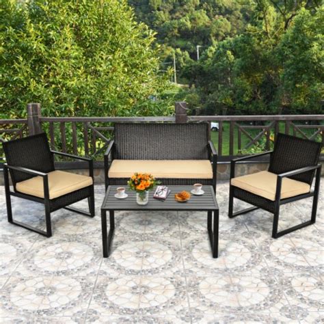 Gymax 4pcs Outdoor Wicker Rattan Furniture Set Patio Conversation Set W