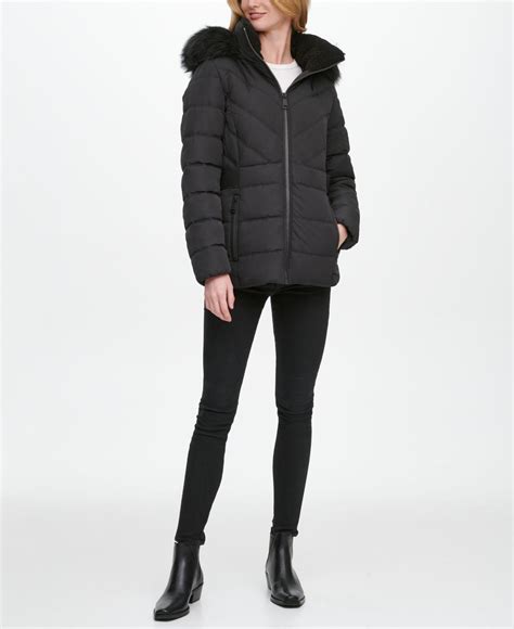 DKNY Faux Fur Trim Hooded Puffer Coat In Black Lyst