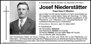 Traueranzeigen Von Josef Niederst Tter Trauer Bz