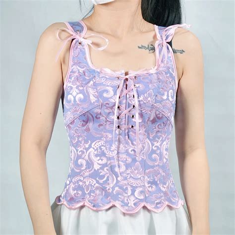 Jacquard Embroidery Floral Lace Ribbons Corset Tops Summer Women Sweety