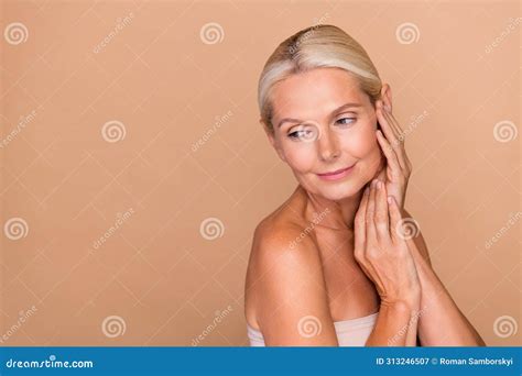 Photo Of Tender Adorable Woman Naked Shoulders Hands Cheeks Cheekbone