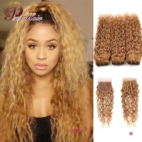 Honey Blonde Brazilian Water Wave Bundles With Closure Gold Blonde