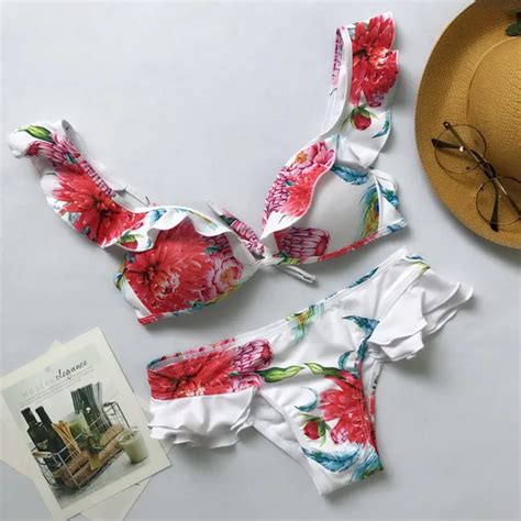 New Lace Of Lotus Leaf Bikini Set 2018 High Quality Swimwear Print