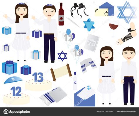 Jewish Bar mitzvah Bat mitzvah vector icons elements. Jewish girl ...