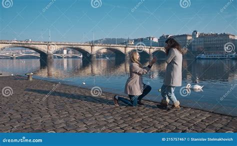 Garota Lésbica Propondo a Namorada Se Casar Orgulho Lgbt Amor Ganha Tolerância Conceito Gay