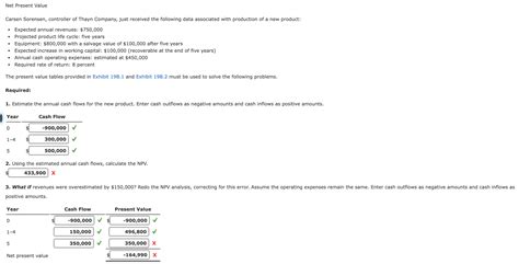 Solved Net Present Value Carsen Sorensen Controller Of Chegg