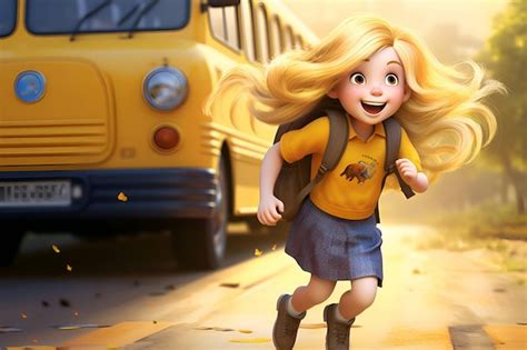 Premium AI Image A Blonde Girl With A Backpack Runs Away From The School Bus Generative AI
