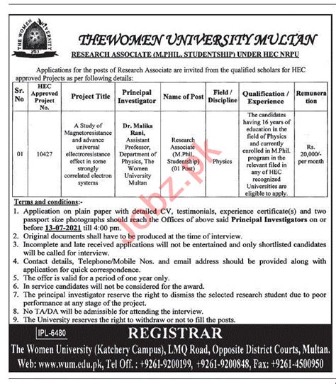 The Women University Multan WUM Jobs 2021 Research Associate 2023 Job