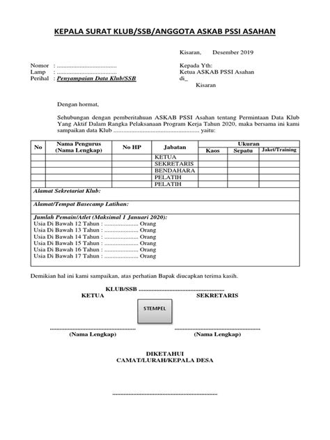 Contoh Surat Penyampaian Data Klub Pdf