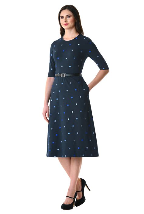 Shop Polka Dot Embellished Cotton Knit Belted Dress Eshakti