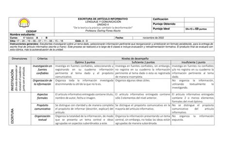 Rúbrica escritura de artículo informativo profe social