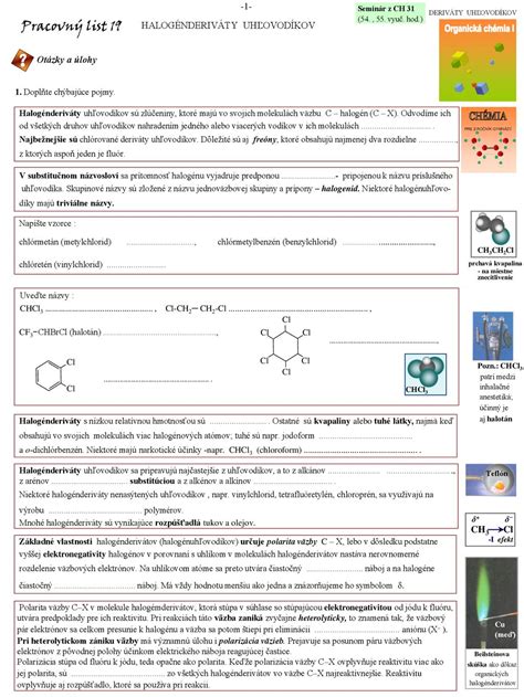 CHÉMIA Pracovný list Pracovný list HALOGÉNDERIVÁTY UHĽOVODÍKOV ppt