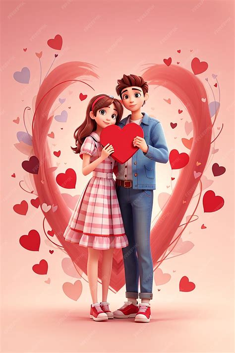 Premium Ai Image Lovers Couple Holding Read Heart Together Happy Valentine Cartoon Character