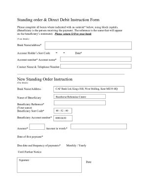 Fillable Online Standing Order Direct Debit Instruction Form Fax