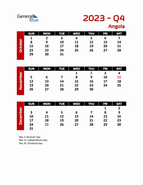 Q Quarterly Calendar With Angola Holidays Pdf Excel Word