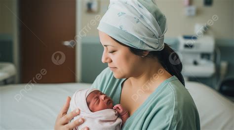 Woman Holding A Newborn Infant In Hospital Background Labor And