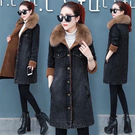 Winter Denim Jacket Women S Fashion Warm Big Fur Collar Thick Lambs