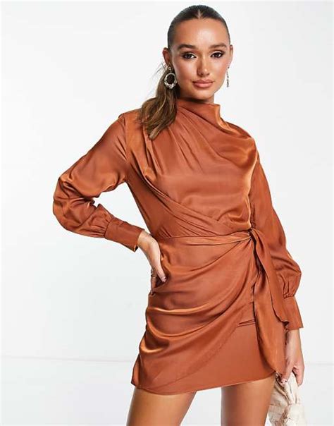 Asos Design Pleat Cowl Neck Mini Dress With Tie Skirt In Rust Asos