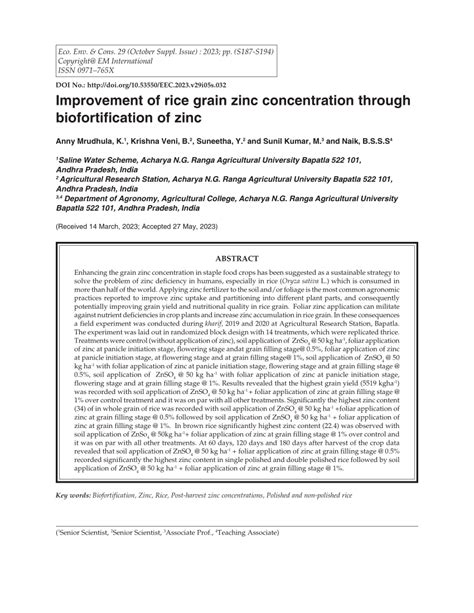 Pdf Improvement Of Rice Grain Zinc Concentration Through Biofortification Of Zinc