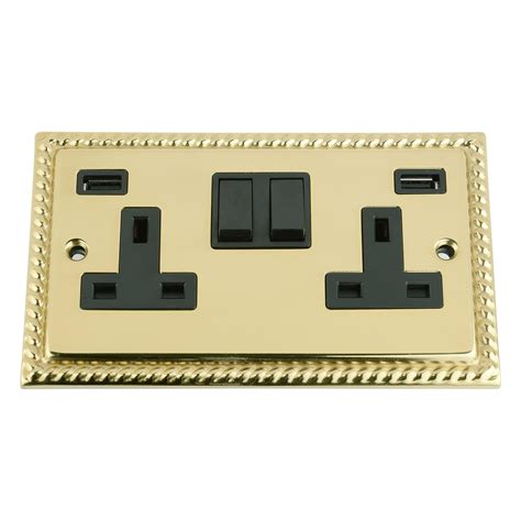 Usb Socket 2 Gang Polished Brass Georgian Black Insert Plastic Rocker Switch 3100ma