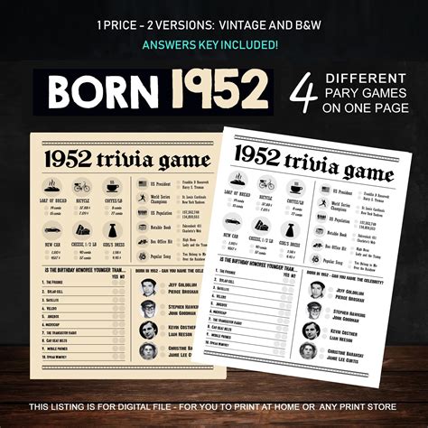 Trivia 70 Birthday Party Games Printables Trivia Games Born 1952