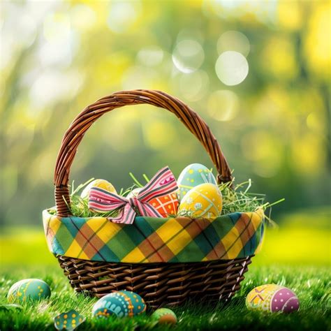 Premium Photo Basket Of Easter Eggs On Green Grass At Sunny Day