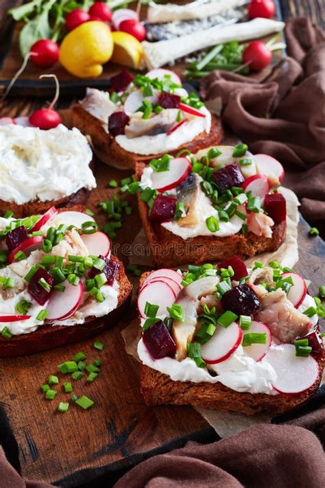 Smorrebrod With Fish Danish Open Faced Sandwich Stock Photo Image