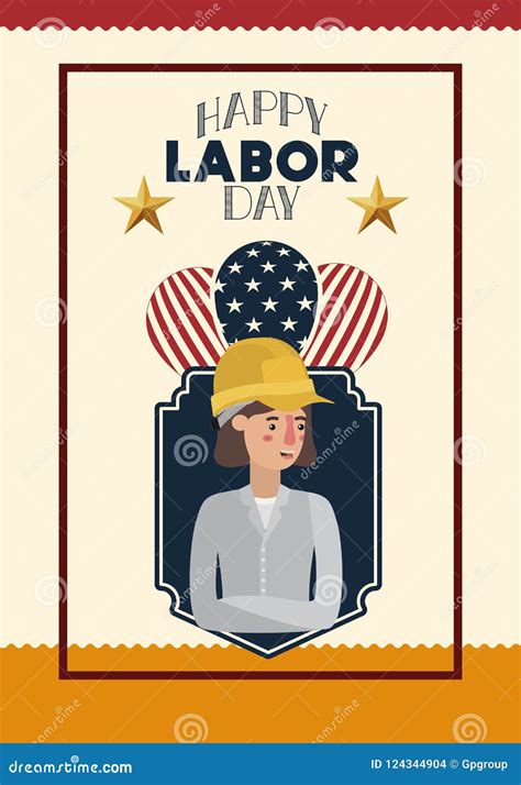 Happy Labor Day Card With Woman Builder And Balloons Stock Vector