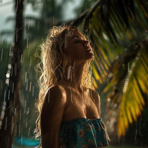 A Woman In A Bikini Stands Under A Palm Tree Premium AI Generated Image