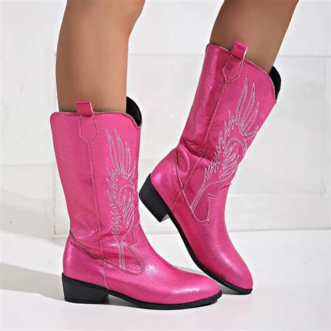 Embroidery Pink Cowgirl Boots Women 2023 Autumn Low Heels Knee High Western Boos Woman Plus Size