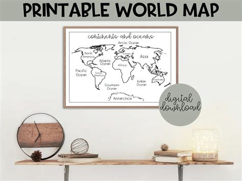 Printable World Map Black and White World Map, Continents and Oceans ...