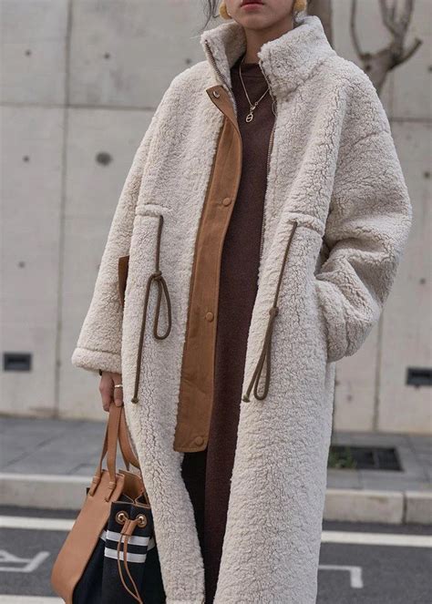 Nude Woolen Coats Plus Size Winter Coat High Neck Drawstring Jackets