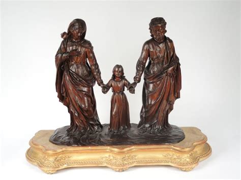 Lot De Groupe En Bois Sculpt La Sainte Famille Sign Sur La