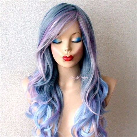 Lavender Blue Wig 26 Curly Hair Side Bangs Wig Heat Etsy