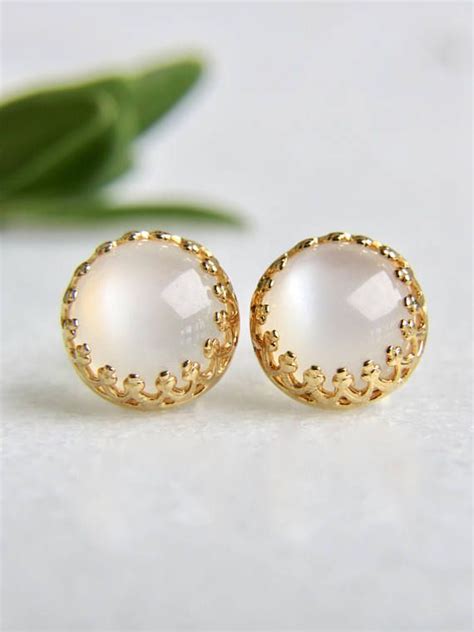 Genuine White Moonstone Mm Smooth Round Stud Earrings In K Etsy