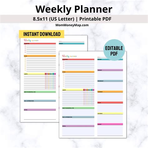 Multi Color Weekly Planner Printable Pdf Week Organizer Productivity Planner Weekly Routine