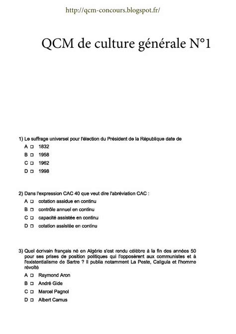 Pdf Qcm De Culture G N Rale N Pdf Fileconcours Interne De