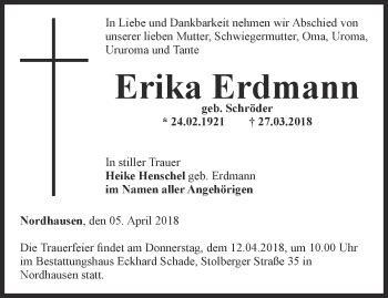 Traueranzeigen Von Erika Erdmann Trauer In Thueringen De