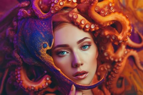 Premium Ai Image Beautiful Woman Portrayed With Octopus And Tentacles