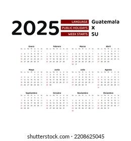 Guatemala Calendar 2025 Week Starts Sunday Stock Vector (Royalty Free